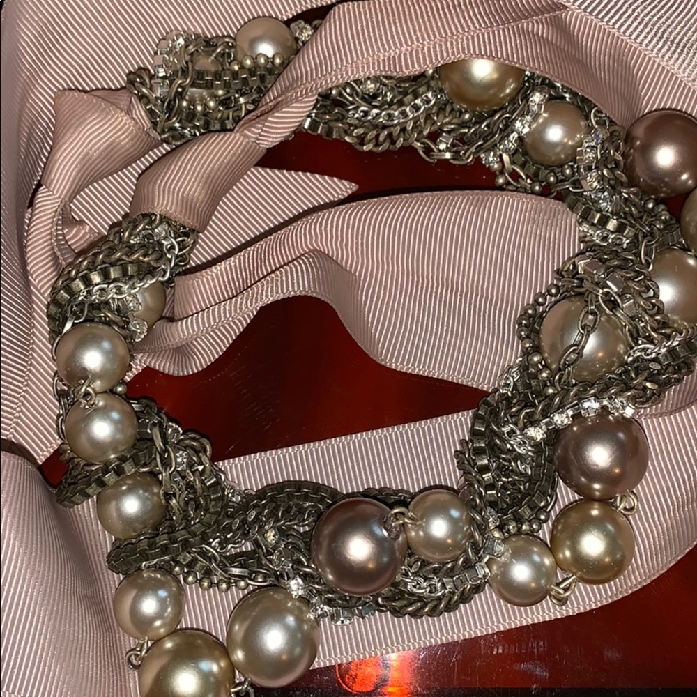 Faux Pearls Necklace with Rhinestone/Chain/Ribbon